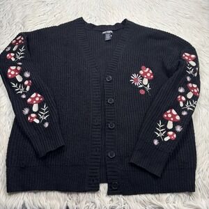 Hot Topic Women's M Black Mushroom Floral Embroidered Button Cardigan